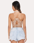 Racerback crop bra in beige lace, double-layered, keyhole back cutout