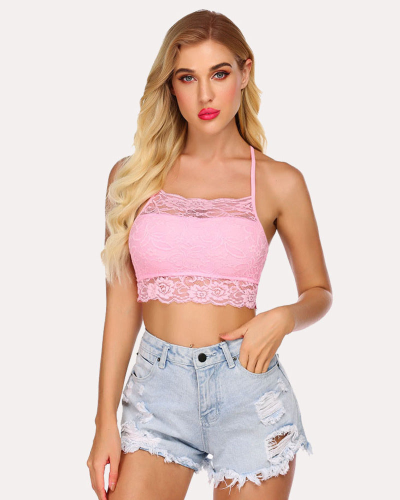 Racerback crop bra in pastel pink lace, double-layered, scalloped lace hem