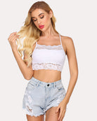Racerback crop bra in white lace, double-layered, scalloped lace trim