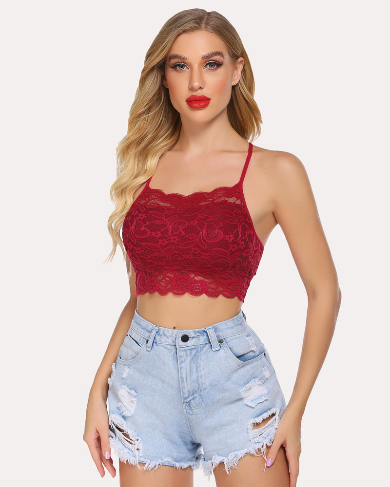 Double-layer lace racerback crop top, deep red, scalloped hem and straps