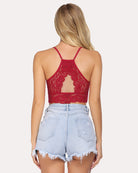Double-layer lace racerback crop top, deep red, open back lace panel