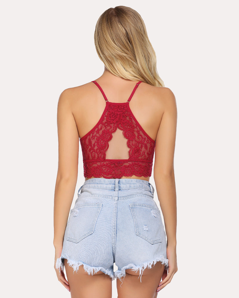 Double-layer lace racerback crop top, deep red, open back lace panel