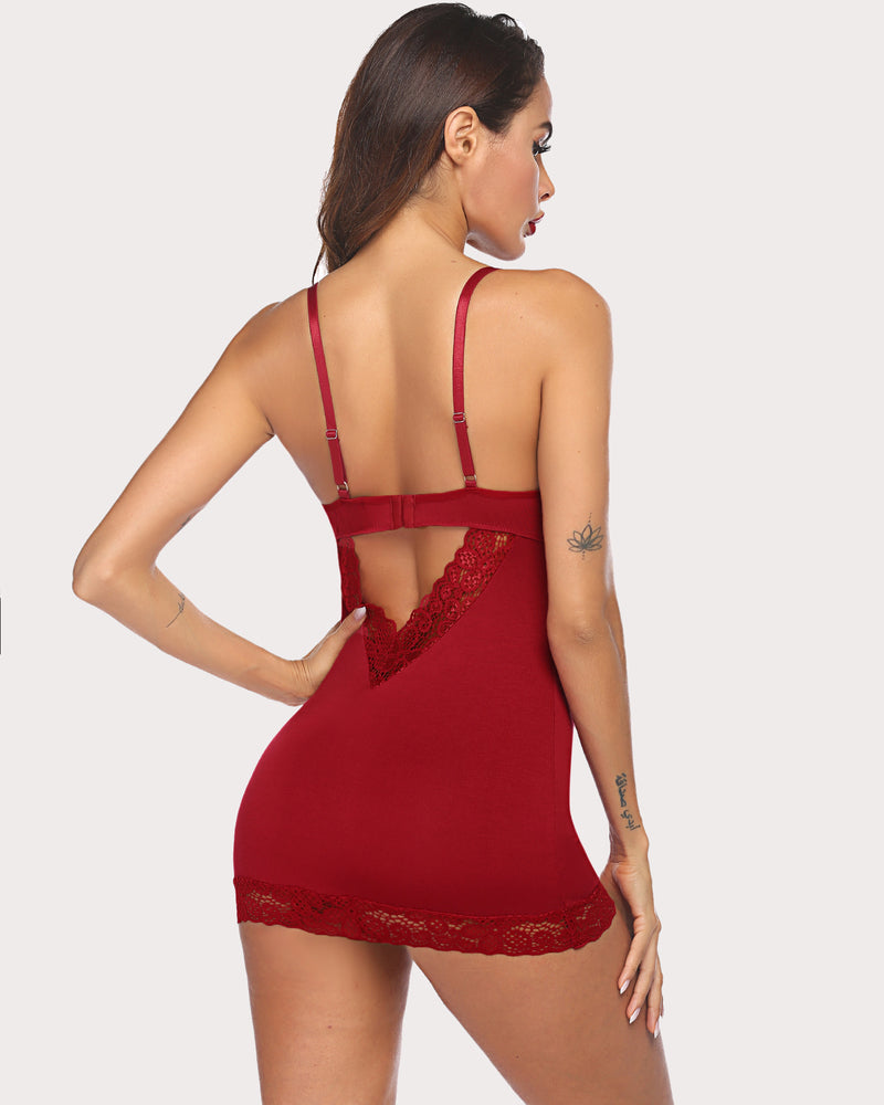Red lace chemise sleepwear with open back and lace keyhole panel