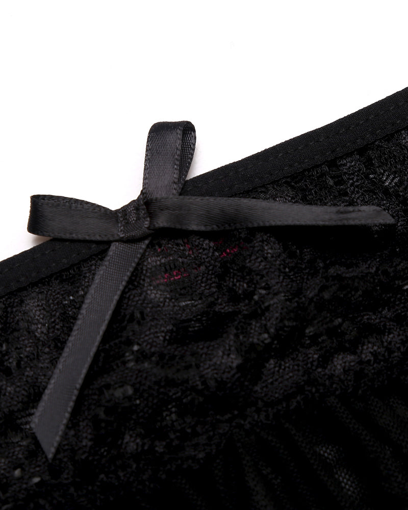 Black sheer mini skirt tie at center waist with lace trim and mesh fabric