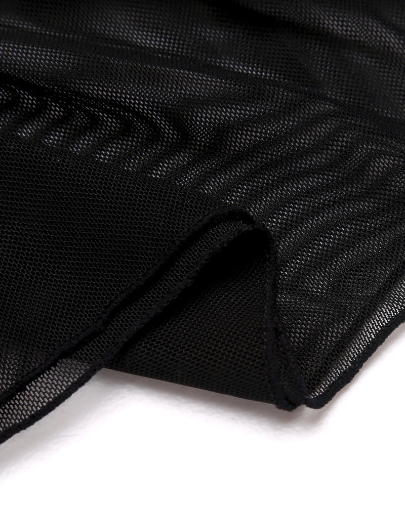 Black sheer mesh fabric with layered lingerie drape