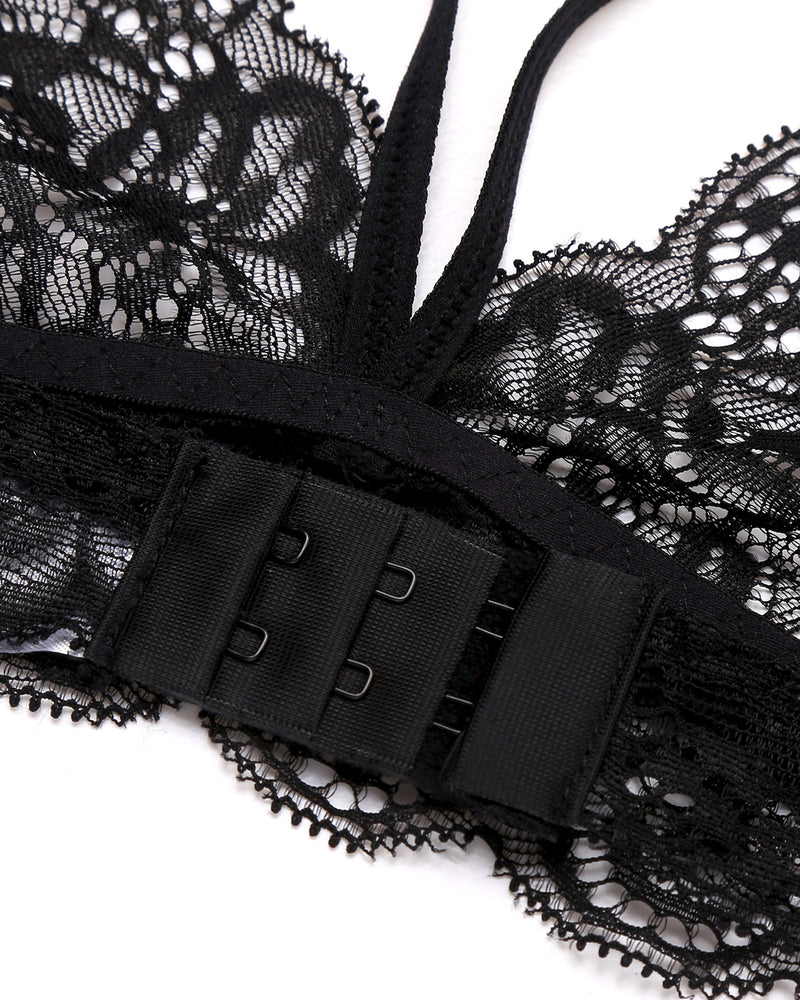 Black lingerie set waistband with hook-and-eye closure and lace trim