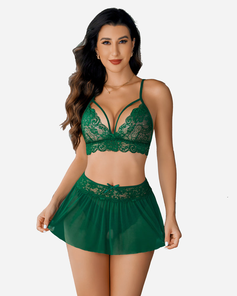 Green lace bralette set with sheer mini skirt and matching panty, plunge cups