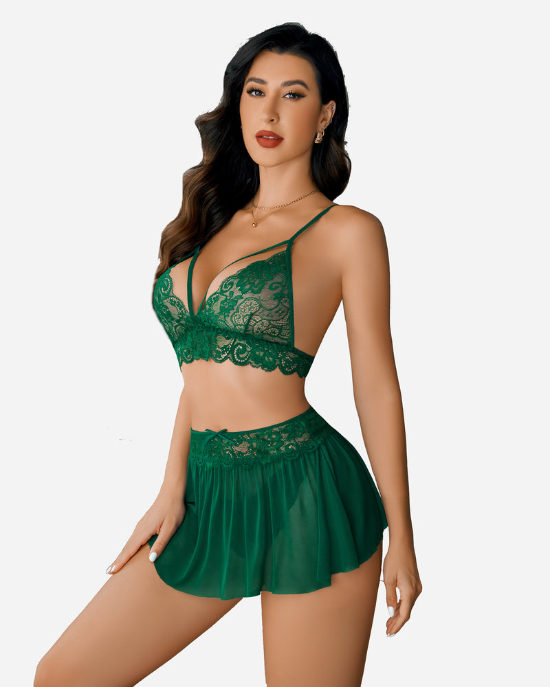 Green lace bralette set with sheer mini skirt and matching panty, lace scallops