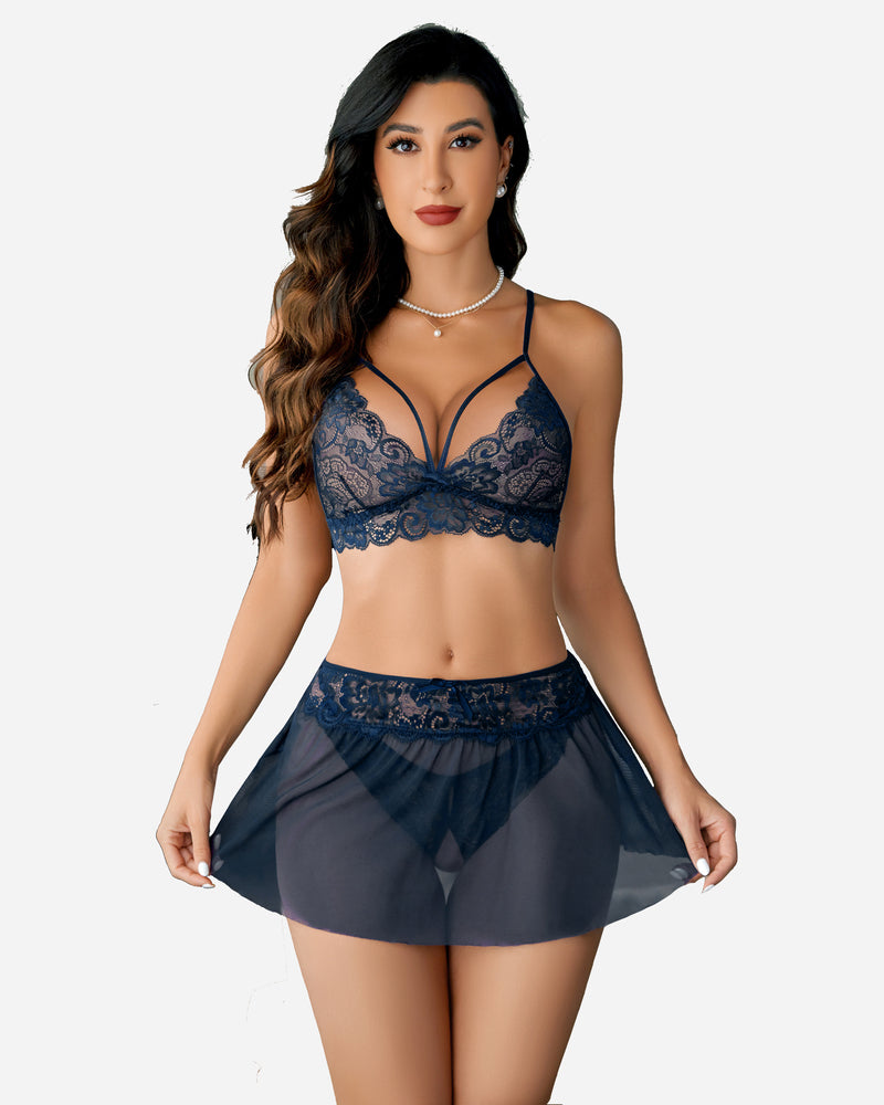 Navy lace bralette set with sheer skirt and panty, front view