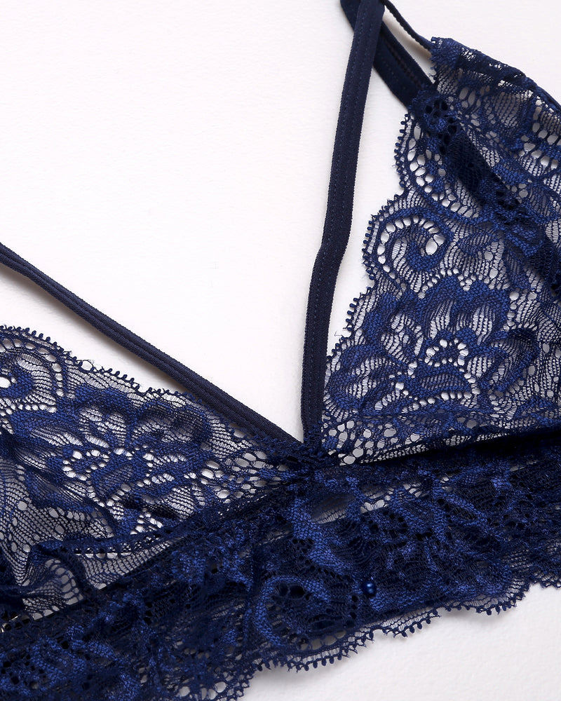 Navy lace bralette triangle with scalloped lace trim and thin straps