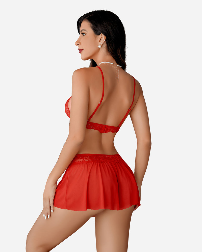 Red lace bralette with matching sheer skirt and panty, back view with crisscross straps