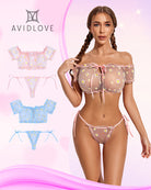 Light mesh ruffle off-shoulder bra and matching thong with daisy print