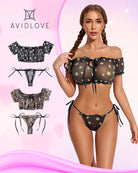 Black mesh ruffle off-shoulder bra and matching thong with daisy print