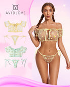 Yellow mesh ruffle off-shoulder bra and matching thong with daisy print