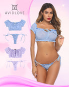 Blue mesh ruffle off-shoulder bra and matching thong with tie straps
