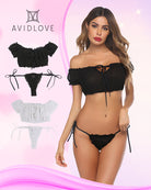 Black ruffle off-shoulder bra and matching thong with lace-up ties