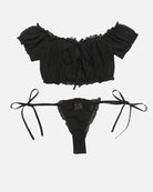Black mesh off-shoulder bra and thong panty, ruched, with ribbon tie sides
