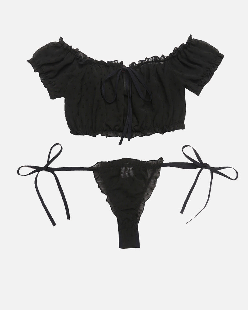 Black mesh off-shoulder bra and thong panty, ruched, with ribbon tie sides