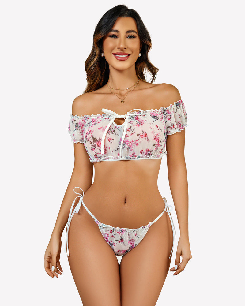 Pink floral off-shoulder lingerie bra and matching tie-side panties set
