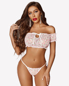 Pink floral off-shoulder lingerie bra and tie-side panties set with bow accents
