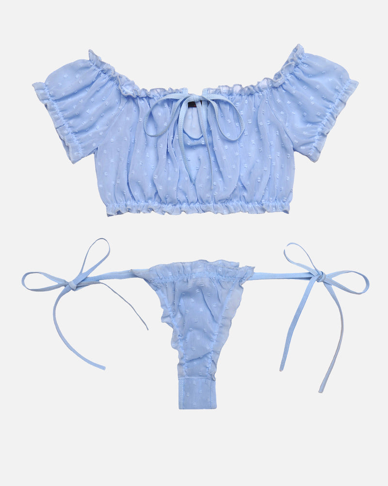 Sky blue mesh ruffle off-shoulder bra and bow-tie thong panty set
