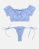 Light blue mesh bra and thong set, off-shoulder ruffles with drawstring tie straps