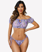 Lavender floral off-shoulder lingerie bra and matching tie-side panties set