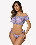 Lavender floral lingerie bra and tie-side panties set with off-shoulder ruffle