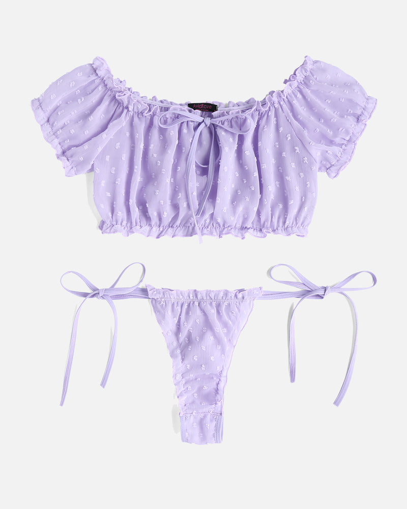 Lavender mesh off-shoulder bralette and thong panty set with tie-back detail