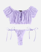 Lavender mesh off-shoulder bralette and thong panty set with tie-back detail
