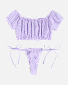 Lavender mesh bra and thong set, off-shoulder ruffles with ribbon-tie side strings