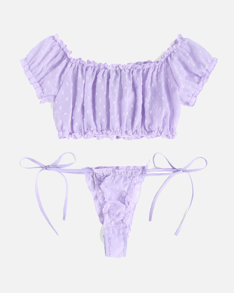 Lavender mesh bra and thong set, off-shoulder ruffles with ribbon-tie side strings