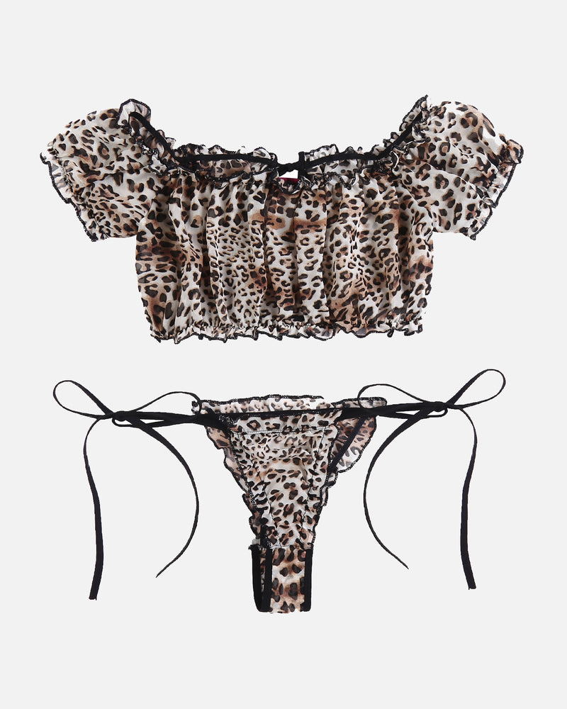 Leopard print off-shoulder mesh ruffle bra and matching tie panty set