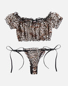 Leopard print off-shoulder mesh ruffle bra and matching tie panty set