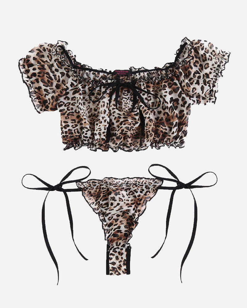 Leopard print mesh lingerie set flat lay: ruffle bandeau top and tie-side thong