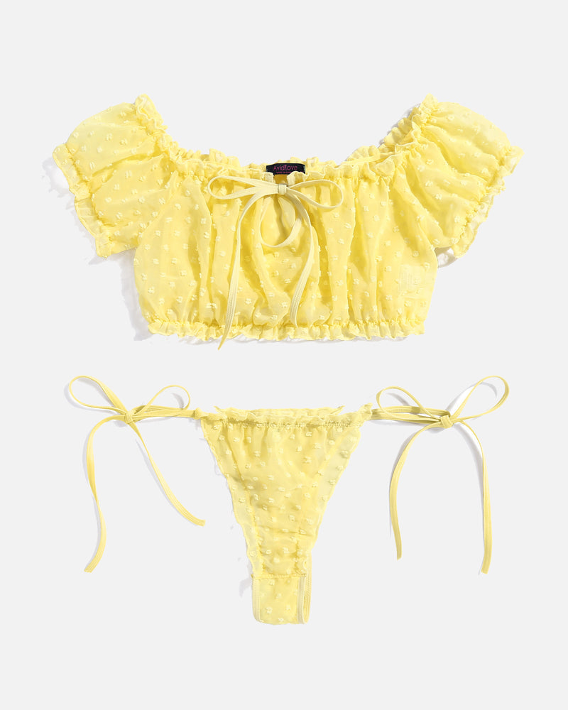 Yellow dotted lace ruffle bralette and thong set, off-shoulder with ribbon ties