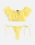 Yellow dotted lace ruffle bralette and thong set, off-shoulder with ribbon ties