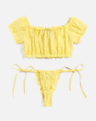 Yellow dotted lace off-shoulder bralette and thong set, scalloped ruffle trim