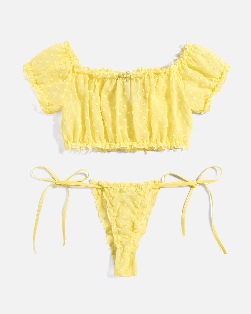 Yellow mesh ruffle lingerie set with off-shoulder top and thong, front view