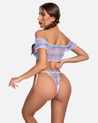Light blue sheer lace ruffle bra and thong set with yellow daisy print and tie details