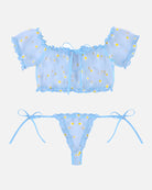 Mesh bra and panty set, light blue ruffle off-shoulder top and thong with daisy print