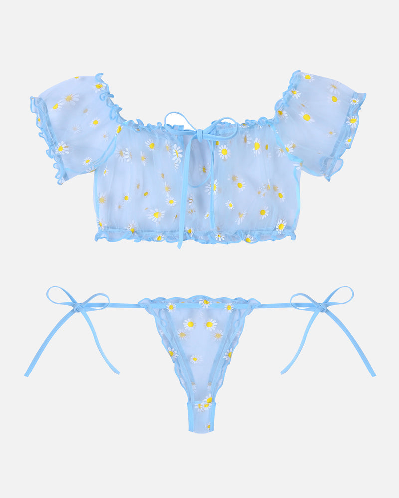 Mesh bra and panty set, light blue ruffle off-shoulder top and thong with daisy print
