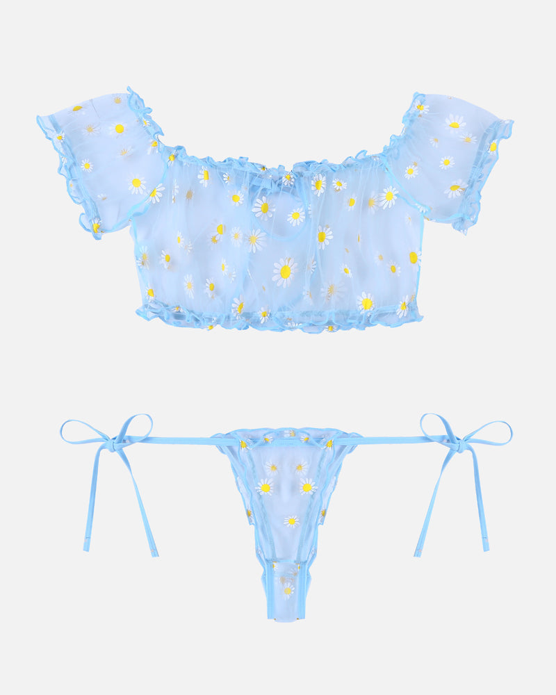 Mesh bra and panty set, light blue off-shoulder top with center drawstring and thong