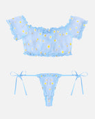 Mesh bra and panty set, light blue off-shoulder top with center drawstring and thong