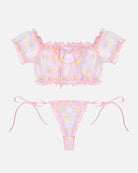 Pink sheer lace ruffle off-shoulder bralette and thong set with yellow daisy print