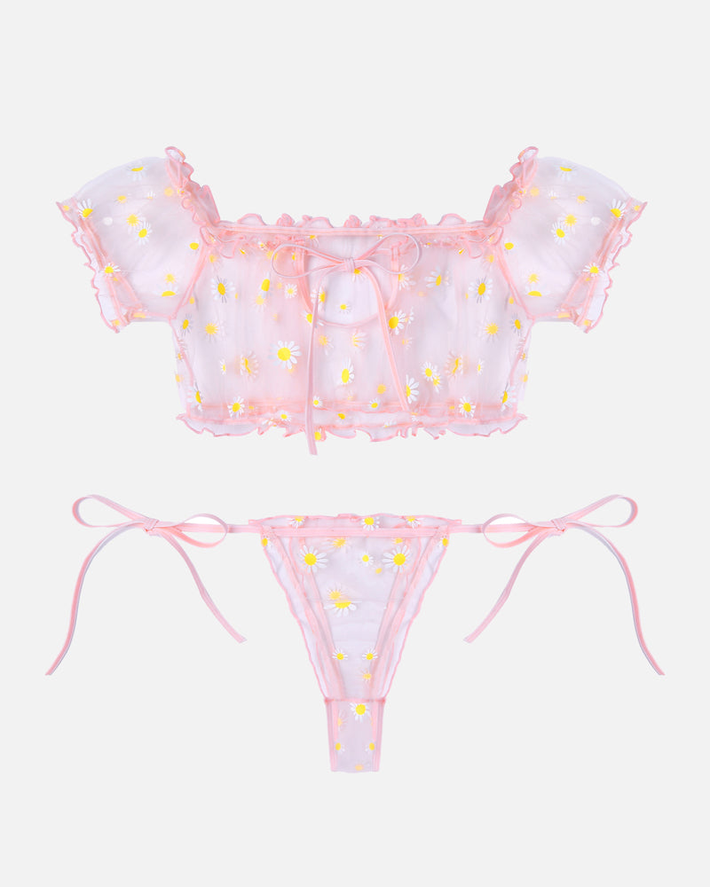 Pink mesh ruffle off-shoulder bra and thong panty set with daisy print