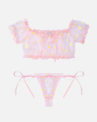 Pink mesh ruffle off-shoulder bra and thong panty set with daisy print