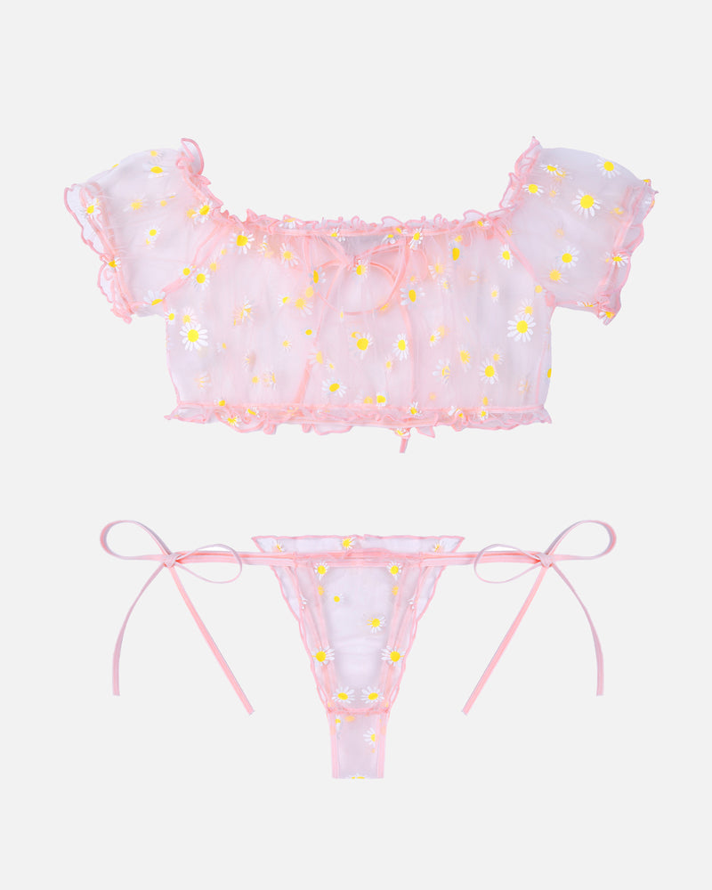 Floral mesh ruffle lingerie set in pale pink with daisy print, ruffle-trim bandeau top