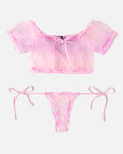 Lace ruffle bra and panty set in sheer pink mesh, off-shoulder bra and thong with ribbon ties