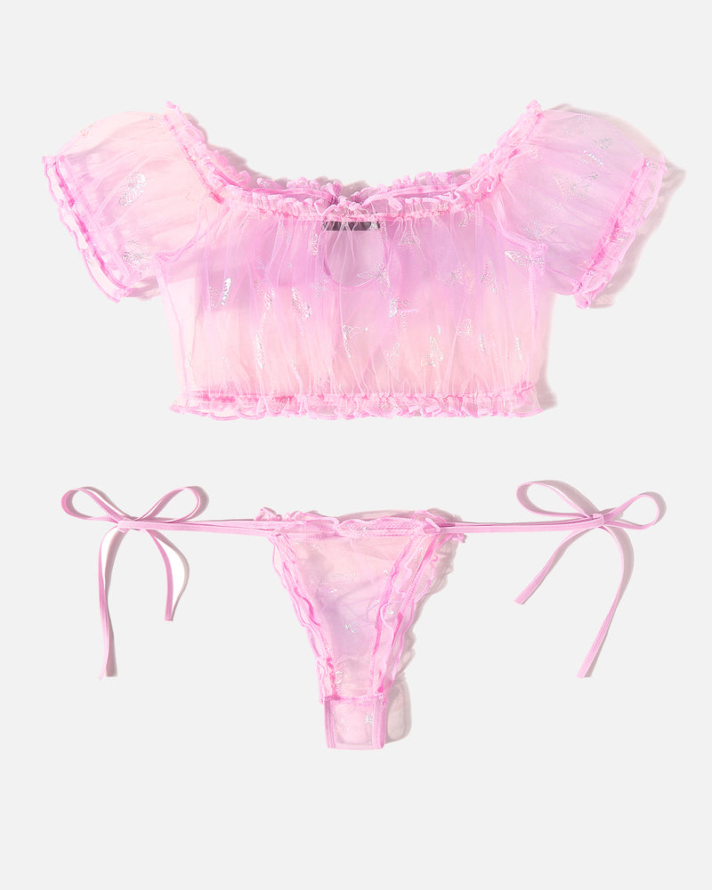 Pink sheer mesh lingerie set with ruffled off-shoulder top and tie-side thong